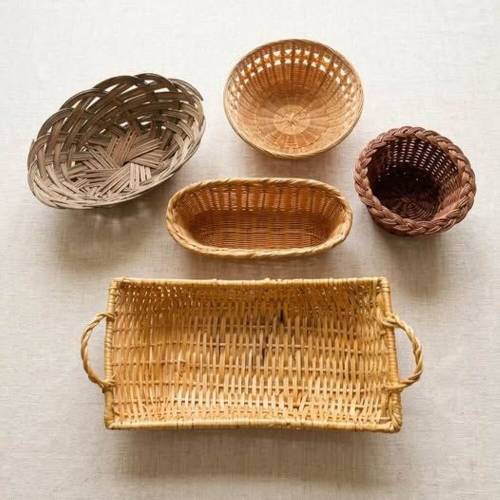 Vintage 5-Piece Mixed Rattan & Wicker Basket Set - Rustic Boho Style